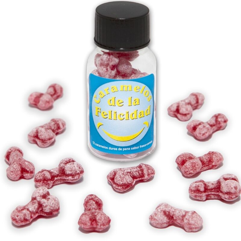 DIABLO PICANTE GLAS MIT 12 ERDBEER-KIRSCH-BONBONS IN PENISFORM