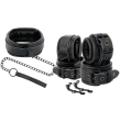 DARKNESS - BLACK LEATHER HANDCUFFS AND COLLAR DARKNESS - BLACK LEATHER HANDCUFFS AND COLLAR
