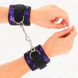 KINK - SHORT VELVET LACE WRIST RESTRAINTS AND NYLON BIND PURPLE - BLACK 23 X 6.5 CM