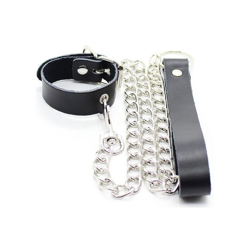 OHMAMA FETISH - COLLIER PÉNIS ET BRACELET EN CUIR AVEC CHAÎNE MÉTALLIQUE