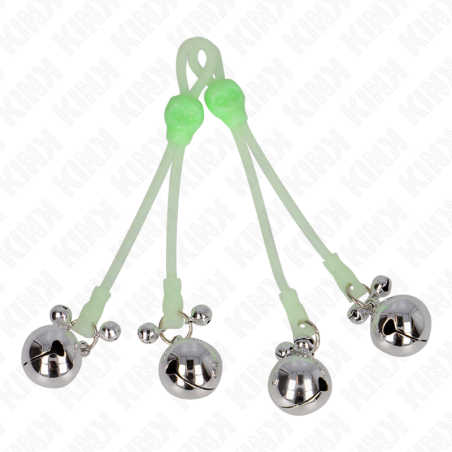KINK - PINCES À TETON LUMINEUSES CRÂNE AVEC ANNEAU CLOCHES RÉGLABLES VERT - ARGENT