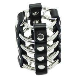 OHMAMA FETISH - GABBIA PER PENE CON ANELLI IN METALLO E CINTURINI IN PELLE