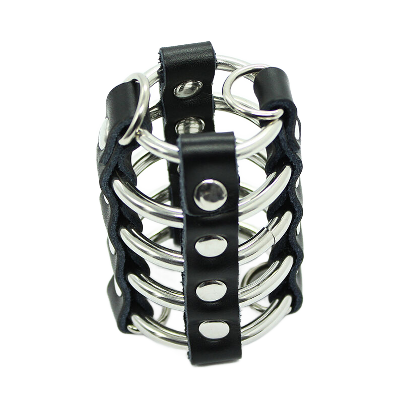 OHMAMA FETISH - CAGE PÉNIS AVEC ANNEAUX MÉTALLIQUES ET SANGLE EN CUIR