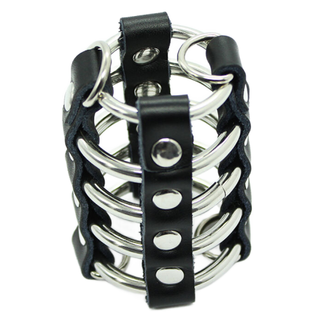 OHMAMA FETISH - CAGE PÉNIS AVEC ANNEAUX MÉTALLIQUES ET SANGLE EN CUIR