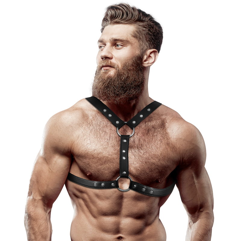 FETISH SUBMISSIVE ATTITUDINE - IMBRACATURA PER IL PETTO IN ECOPELLE CON DOPPIO SUPPORTO E BORCHIE PER UOMO FETISH SUBMISSIVE ATTITUDINE - IMBRACATURA PER IL PETTO IN ECOPELLE CON DOPPIO SUPPORTO E BORCHIE PER UOMO