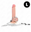 KINK - ANELLO PER PENE IN METALLO CROMATO TRIPLO DA 3,8 CM A 5 CM CON CATENA IN METALLO DA 26 CM E MORSETTI PER CAPEZZOLI MOD1