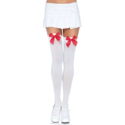 LEG AVENUE - NYLON THIGH HIGHS WITH BOW WHITE - RED
