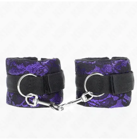 KINK - KURZE HANDGELENKSFESSELN AUS SAMTSPITZE UND NYLONBINDUNG LILA-SCHWARZ 23 X 6,5 CM