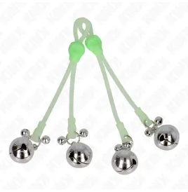 KINK - PINCES À TETON LUMINEUSES CRÂNE AVEC ANNEAU CLOCHES RÉGLABLES VERT - ARGENT