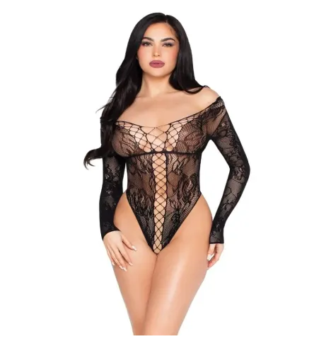 LEG AVENUE - 89370 TEDDY EN RÉSILLE ET DENTELLE NOIR - TAILLE UNIQUE
