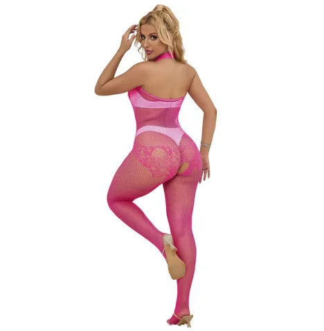 SUBBLIME - 952389 BODYSTOCKING RÉSILLE ET DENTELLE SANS FOURRURE AVEC COL MONTANT ROSE TAILLE UNIQUE