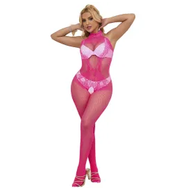 SUBBLIME - 952389 FISHNET AND LACE CROTCHLESS BODYSTOCKING WITH HIGH NECK PINK ONE SIZE