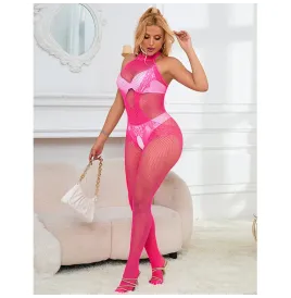 SUBBLIME - 952389 BODYSTOCKING A RETE E PIZZO SENZA CAVALLO CON COLLO ALTO ROSA TAGLIA UNICA