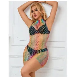 SUBBLIME - 952433 RAINBOW HIGH NECK SLEEVELESS FISHNET DRESS ONE SIZE