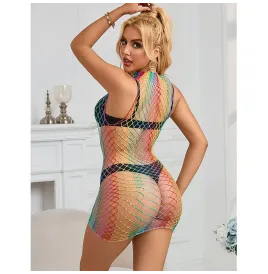 SUBBLIME - 952433 RAINBOW HIGH NECK SLEEVELESS FISHNET DRESS ONE SIZE