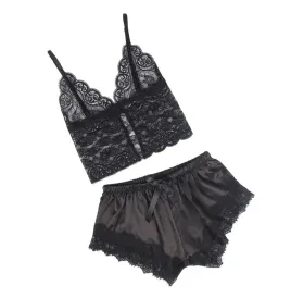 SUBBLIME - 953935 LÄSSIGE SEIDENNACHTHEMD SPITZENHOSE SCHWARZ S-M