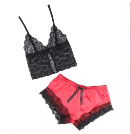 SUBBLIME - 953959 LÄSSIGE SEIDENNACHTHEMD SPITZENHOSE SCHWARZ-ROT S-M