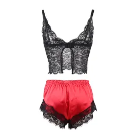 SUBBLIME - 953959 LÄSSIGE SEIDENNACHTHEMD SPITZENHOSE SCHWARZ-ROT S-M