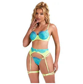 SUBBLIME - 955328 ENSEMBLE SOUTIEN-GORGE AVEC LIGNES DENTELLE ET JARRETELLE VERT ET BLEU L-XL