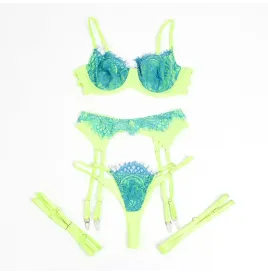 SUBBLIME - 955328 BRA SET WITH LACE AND GARTER LINES GREEN AND BLUE L-XL