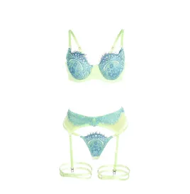 SUBBLIME - 955328 ENSEMBLE SOUTIEN-GORGE AVEC LIGNES DENTELLE ET JARRETELLE VERT ET BLEU L-XL