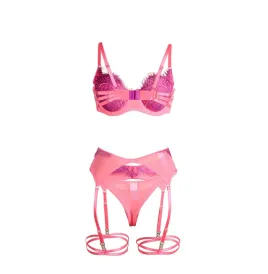 SUBBLIME - 955359 SET SUJETADOR CON ENCAJE Y LIGUEROS ROSA Y MORADO S-M