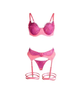 SUBBLIME - 955366 SET SUJETADOR CON ENCAJE Y LIGUEROS ROSA Y MORADO L-XL