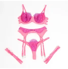 SUBBLIME - 955366 ENSEMBLE SOUTIEN-GORGE AVEC LIGNES DE DENTELLE ET JARRETELLES ROSE ET VIOLET L-XL