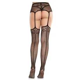 LEG AVENUE - BAS EN DENTELLE AVEC CROIX ET PORTE-JARRETELLES NOIR