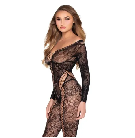 LEG AVENUE - 89369 NET and LACE JUMPSUIT BLACK - ONE SIZE