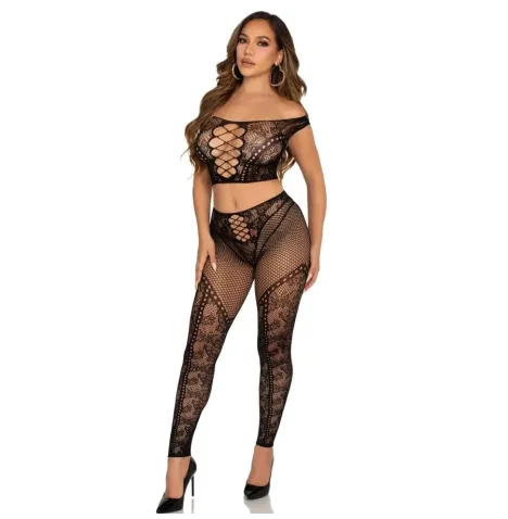 LEG AVENUE - CROP TOP AND FISHNET LEGGING WITH BARE SHOULDERS BLACK