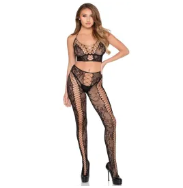 LEG AVENUE - 89368 NETZ- UND SPITZEN-CROP-TOP UND STRUMPFHOSE, SCHWARZ - EINHEITSGRÖSSE