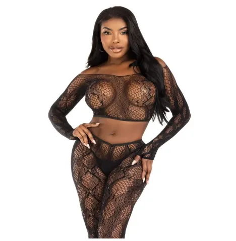 LEG AVENUE - 89373 PYTHON-CROP-TOP and FUSSLOSE STRUMPFHOSE SCHWARZ - EINHEITSGRÖSSE