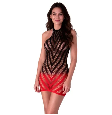 PASSION - BS117 SCHWARZ-ROT-VERLAUF-BODYSTOCKING-KLEID