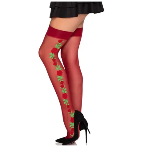 LEG AVENUE - BAS PORTE-JARRETELLES 1957 À FLEURS ROUGES - TAILLE UNIQUE