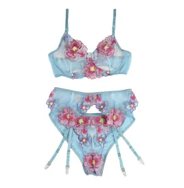 SUBBLIME - 954109 SOUTIEN-GORGE CULOTTE AVEC PORTE-JARRETELLES MOTIF FLORAL BLEU S-M