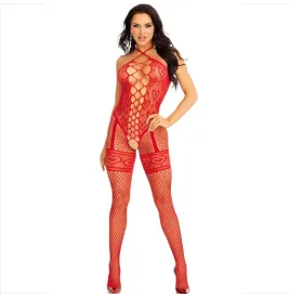 LEG AVENUE - BODYSTOCKING NECK HALTER RED HEARTS RED