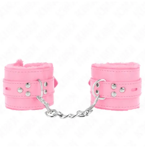 KINK - PELZGEFÜTTERTE HANDGELENKFESSELN MIT QUADRATISCHEN LÖCHERN, ROSA UND ROSA GÜRTEL, VERSTELLBAR 17-29 CM X 6 CM