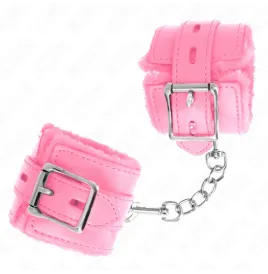 KINK - PELZGEFÜTTERTE HANDGELENKFESSELN MIT QUADRATISCHEN LÖCHERN, ROSA UND ROSA GÜRTEL, VERSTELLBAR 17-29 CM X 6 CM