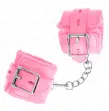 KINK - PELZGEFÜTTERTE HANDGELENKFESSELN MIT QUADRATISCHEN LÖCHERN, ROSA UND ROSA GÜRTEL, VERSTELLBAR 17-29 CM X 6 CM