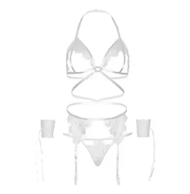 LEG AVENUE - SET QUATTRO PEZZI REGGISENO, G-STRING, REGGISTREE E POLSINI TAGLIA UNICA - BIANCO
