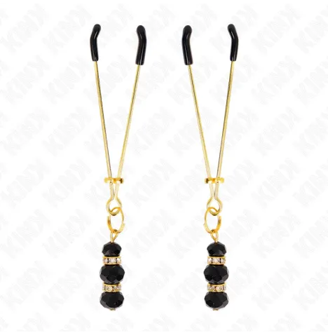 KINK - PINZAS PARA PEZONES DORADA FINA CON TRIPLE BOLA DE VIDRIO NEGRO 7 CM