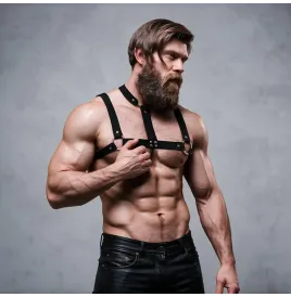 FETISH SUBMISSIVE ATTITUDINE - IMBRACATURA REGOLABILE IN ECOPELLE CON COLLANA PER UOMO