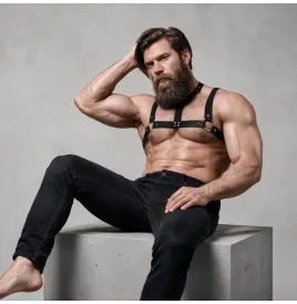 FETISH SUBMISSIVE ATTITUDINE - IMBRACATURA REGOLABILE IN ECOPELLE CON COLLANA PER UOMO