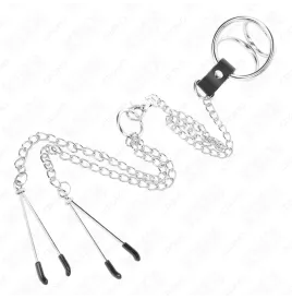 KINK - ANNEAU PÉNIS EN MÉTAL TRIPLE CHROME 3 CM À 4,5 CM AVEC CHAÎNE EN MÉTAL DE 26 CM ET PINCES À TÉTONS