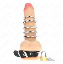 KINK - LEATHER PENIS RING WITH LOCK STRAP 21 X 2 CM AND 5 METAL RINGS FROM 3 CM TO 4 CM