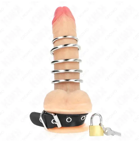 KINK - ANELLO PER PENE IN PELLE CON CINGHIA DI BLOCCAGGIO 21 X 2 CM E 5 ANELLI IN METALLO DA 3 CM A 4 CM