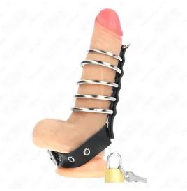 KINK - LEATHER PENIS RING WITH LOCK STRAP 21 X 2 CM AND 5 METAL RINGS FROM 3 CM TO 4 CM