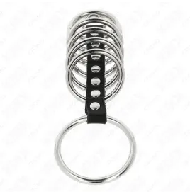 KINK - 7 ANNEAUX PÉNIS EN MÉTAL DE 3,2 CM À 5 CM CONNECTÉS PAR DU CUIR