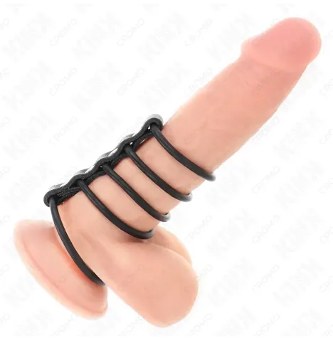 KINK - 5 SILICONE PENIS RINGS 3.8 CM TO 4.8 CM CONNECTED BY LEATHER